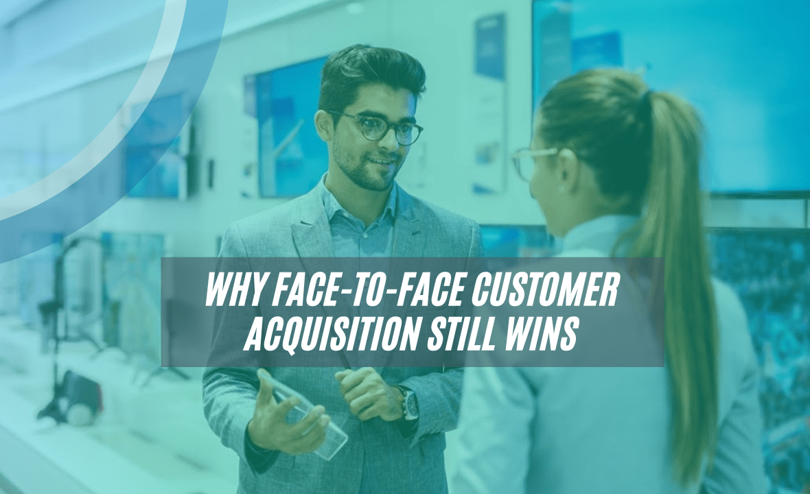 Direct selling, engaging in a face-to-face conversation with a customer demonstrating personal connection and trust in customer acquisition