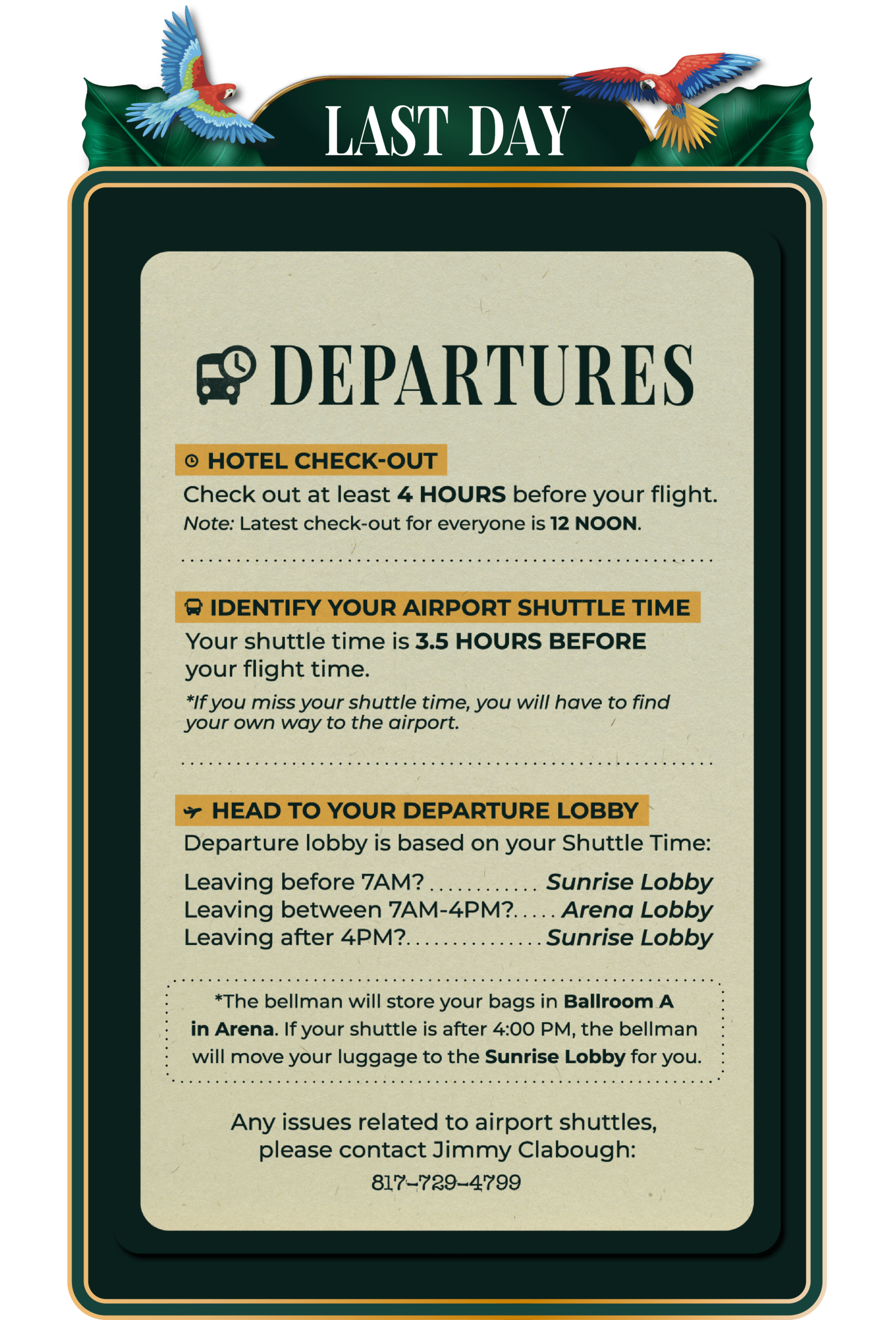Important departure details and departure instructions